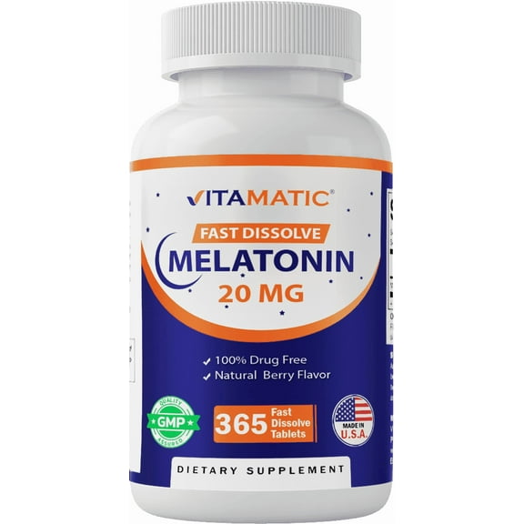 Vitamatic Melatonin 20mg Tablets | Vegetarian, Non-GMO, Gluten Free | 1 Year Supply | Natural Berry Flavor - 365 Tablets