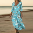 thumbnail image 2 of WTOBBY Women's Retro Floral Print V-Neck 3/4 Sleeve Loose Beach Dress, Casual Midi Sundress with Comfortable Fit for Summer Vacation Getaways,Blue M, 2 of 6