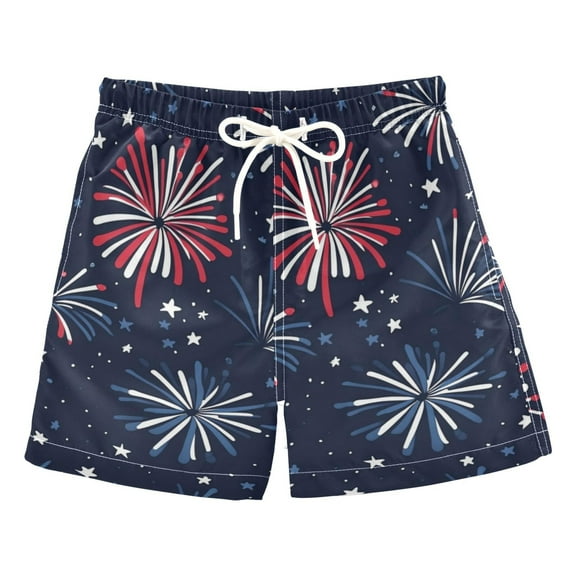 FORMRS Boys Swim Trunks Quick Dry Mesh Liner Boardshorts Sizes XS-XL, Red and Blue Fireworks Pattern