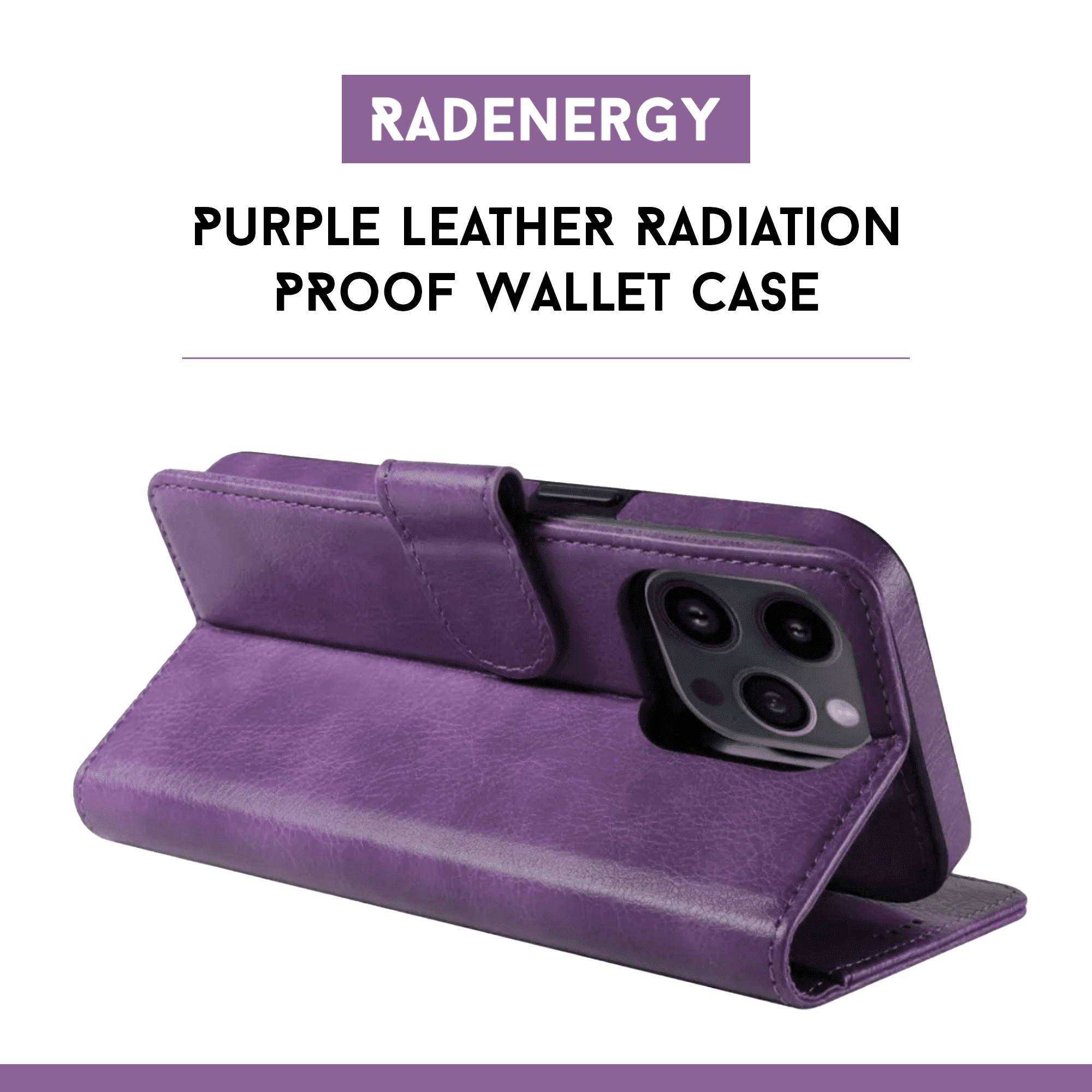RadEnergy Leather Wallet Case with EMF Protection and Stand for iPhone 15 Pro – Purple