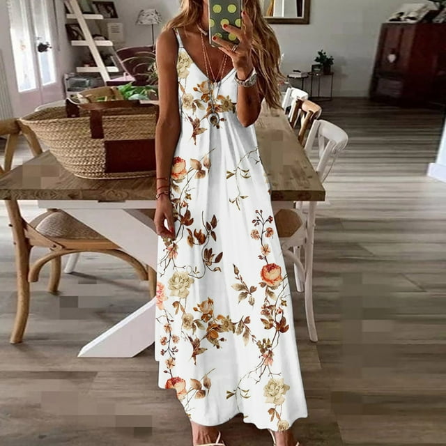 SMihono Robe Maxi Bohème d'Été pour Femmes Grande Taille Mode d'Été pour Femmes Imprimée à Col en V Sans Manches à Bretelles Robe Chandail Robe de Plage Évasée
