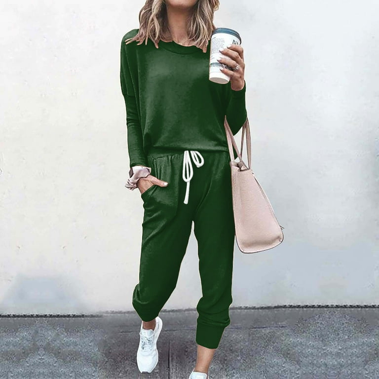 Hwmodou Woman 90S Outfits Female Outfit Solid Color Women Jogging Suit 2PCS Long Pants Round Neck Long Sleeve Shirt Drawstring Sweatpants Pocket Casual Suit Business Casual Outfits For Woman Walmart.c...