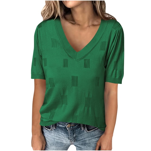 Timegard Summer Top for Women V Neck Ruffle Short Sleeve Solid Color Tee Shirts Casual Comfy Knit Top