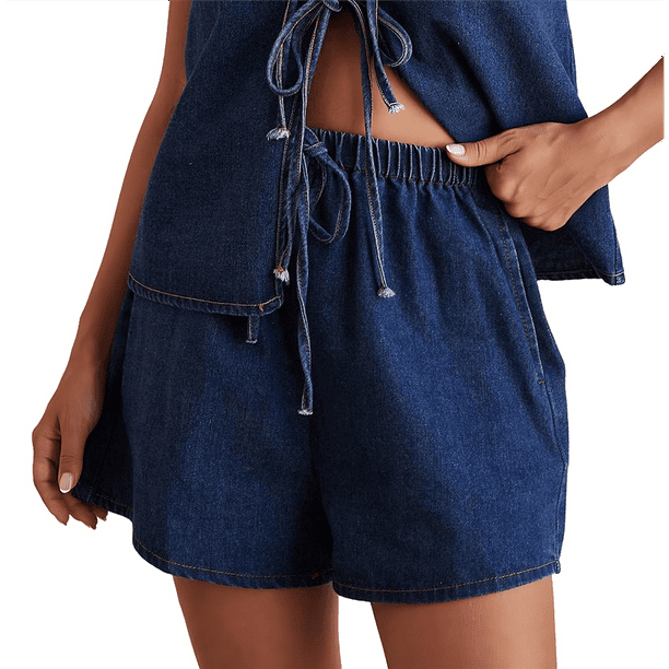 Conjunto de Dos Piezas de Mezclilla con Top con Lazo para Mujer, Sin Mangas, Escote en V Profundo, Chaleco, Pantalones Cortos con Cintura Elástica Azul Oscuro XL