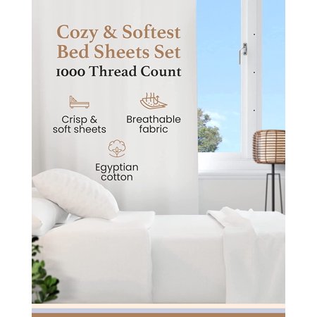 1000 Thread Count Egyptian Cotton Sheets King Size, 4 Pc Luxury Sheets Set, Long Staple 100% Cotton Sheets for King Size Bed, 16" Deep Pocket Hotel Style Sheets, Sateen Sheets King, White