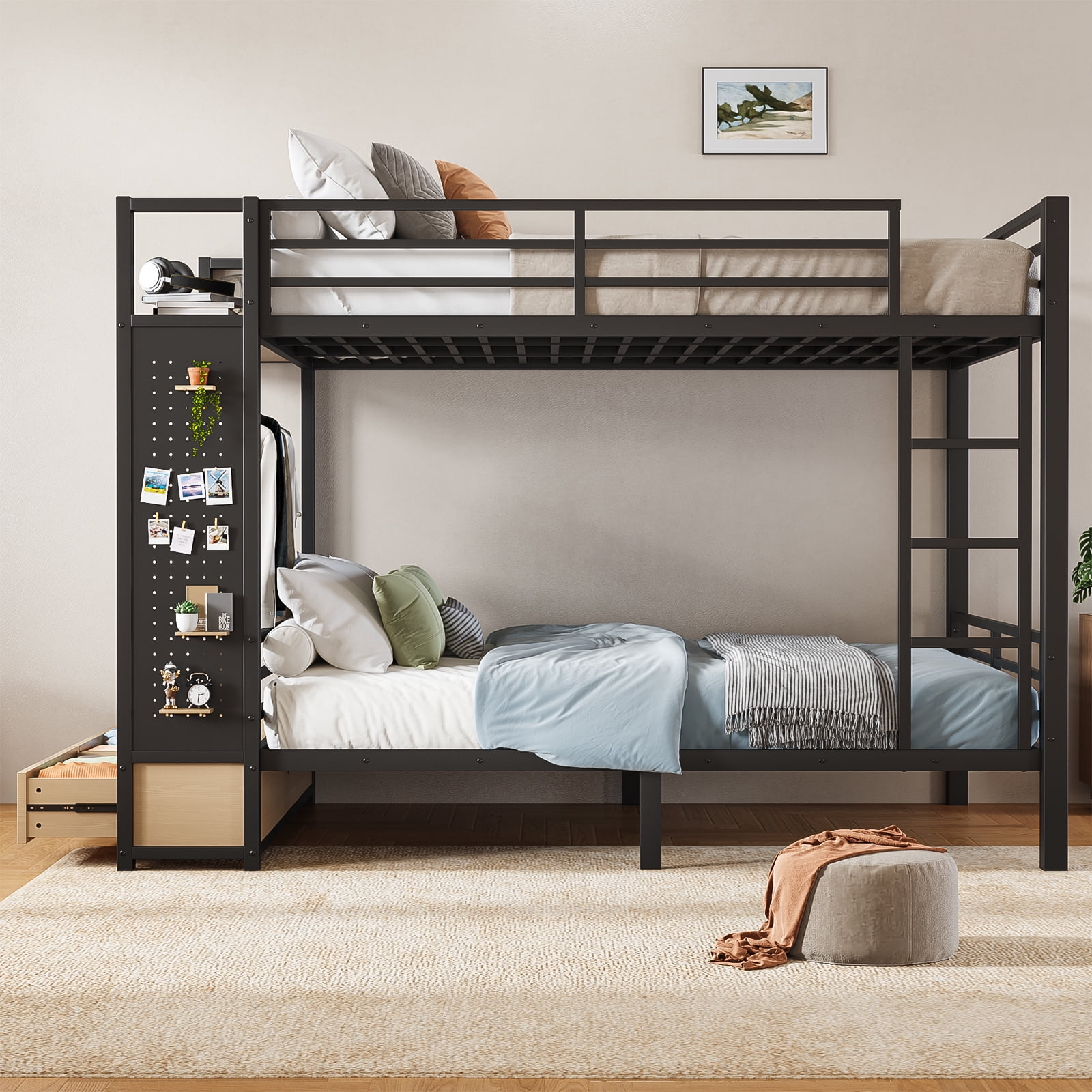 Mintazer Queen Over Queen Metal Bunk Bed with Pegboard and 2 Storage Drawers & 2 Wardrobe Shelves, Heavy Duty Platform Bed with Safety Guard Rails for Bedroom Dorm, Black