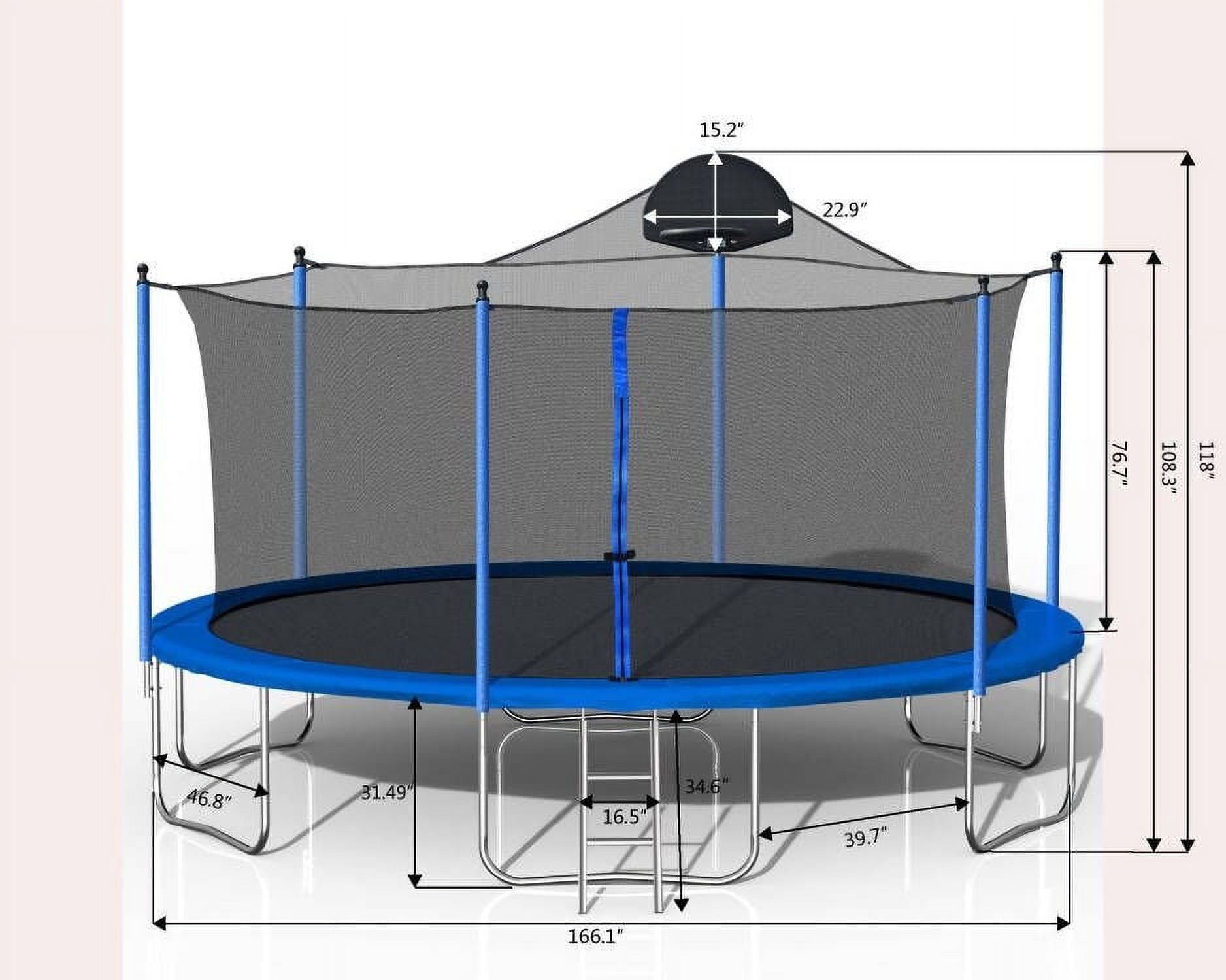 JINS & VICO Trampoline with Basketball Hoop and Safety Enclosure, Blue, 166.00" x 166.00" x 110.00"