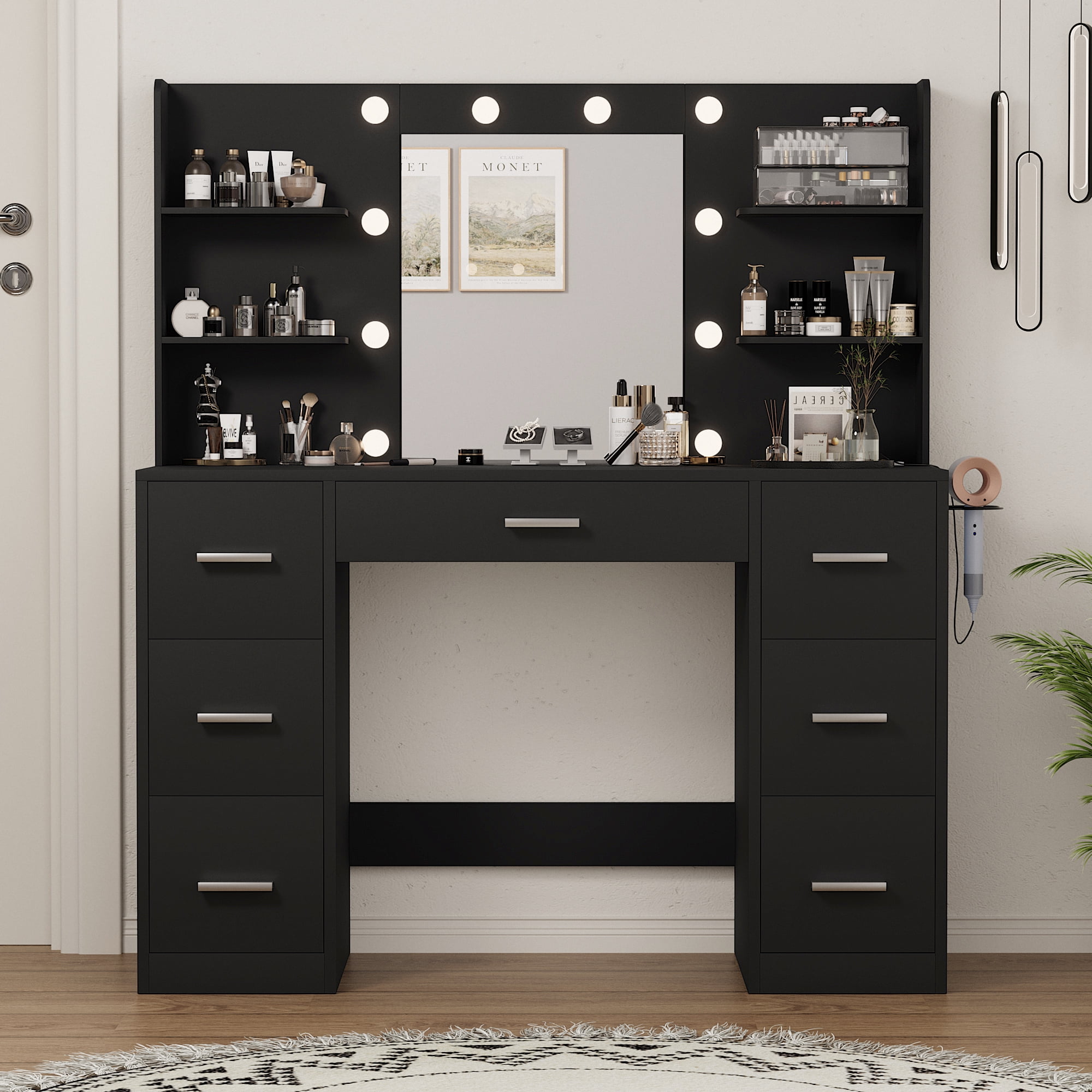 Vineego Makeup Vanity Desk with Mirror, Lights & Power Outlet Vanity Table with 7 Drawers and 6 Storage Shelves for Bedroom, Black