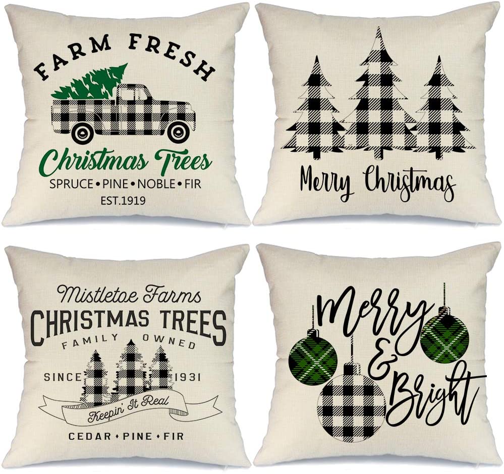 EFYVY Christmas Cushion Cover Pillow Covers for Decor Christmas Cushion Cover 18x18 in Red Black Buffalo Plaids Decorative Cotton Linen Throw Pillow Cases Festive Deer Santa and Snowmen Set of 4