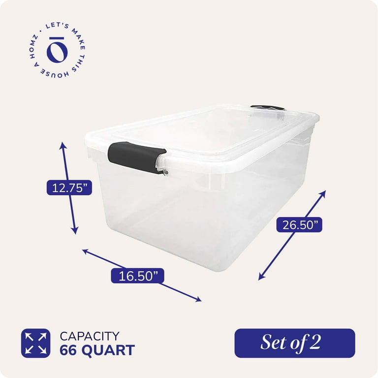 Homz 66 Qt Plastic Storage Bins with Latching Lids, Clear