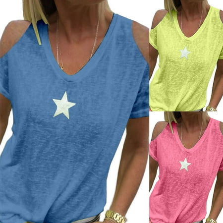 

Taluosi Women Summer Cold Shoulder Star Print Plus Size T-Shirt V Neck Solid Color Top