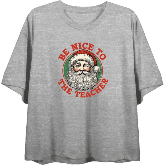 Be Nice To The Teacher Women's Heather Gray Crew Neck Short Sleeve Crop Tee-Medium