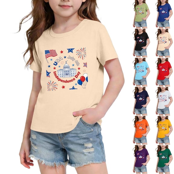 SGFCWSX Girls T Shirt Graphic Short Sleeve Crew Neck Casual Kids Holiday Tee Tops Beige Size 10