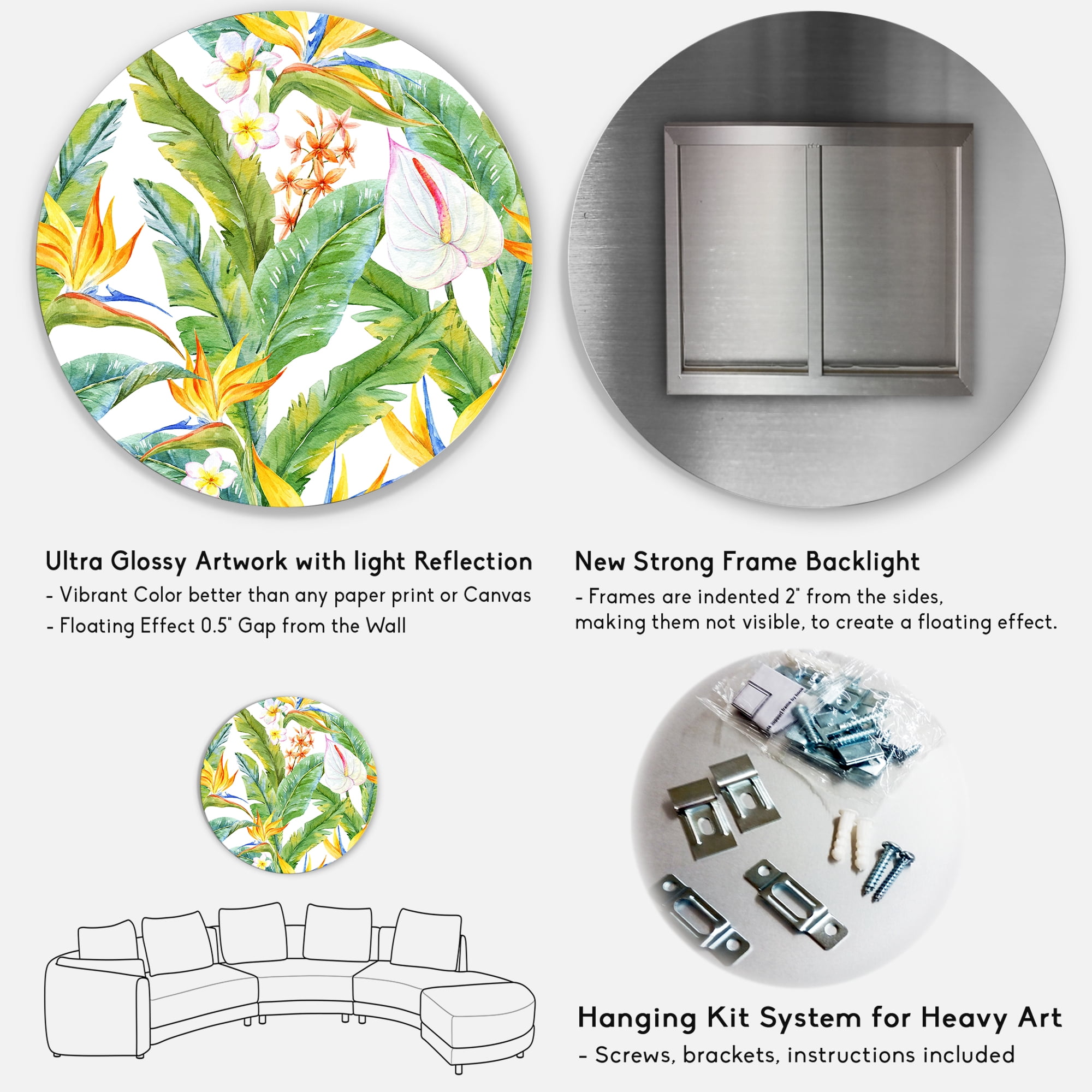 Designart 'Yellow Flowers and Tropical Foliage II' Modern Circle Metal Wall Art 29x29 - Disc of 29