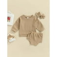thumbnail image 2 of Qmyliery Baby Girl 3 Pcs Clothes Sets, Casual Solid Color Long Sleeve Round Neck Tops + Elastic Waist Shorts + Headband, 2 of 7