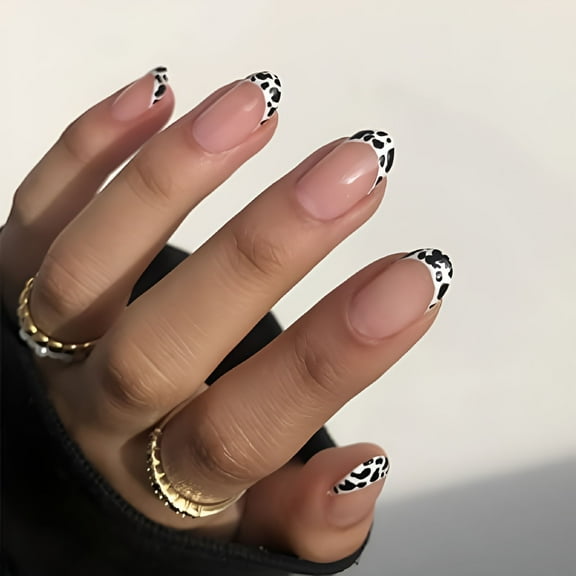 RAGUPEL 2026 New Round Press on Nails Short Fake Nails Cow Print French Tip Glue on Nails 24Pcs Oval Acrylic Nails for Women and Girls