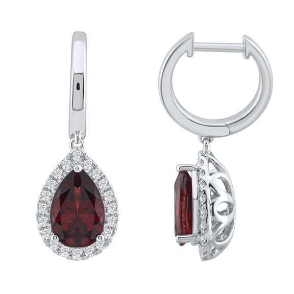 Women's 14K White Gold Pear Shape Maroon Garnet & Diamond 3.50 TCW Drop Earrings in Prongs Setting (IJ-Color /SI1SI2 Clarity)- IGI Certified