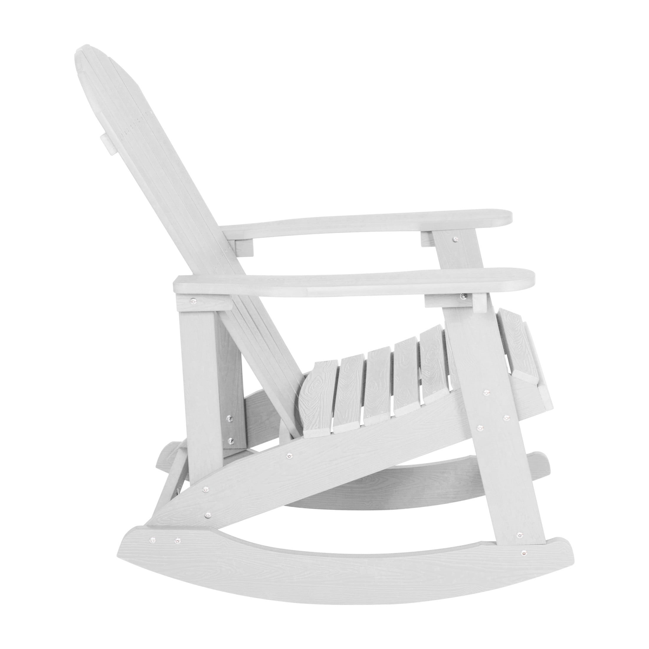 Emma + Oliver Classic All-Weather Poly Resin Rocking Adirondack Chair in White with Stainless Steel Hardware for Year Round Use