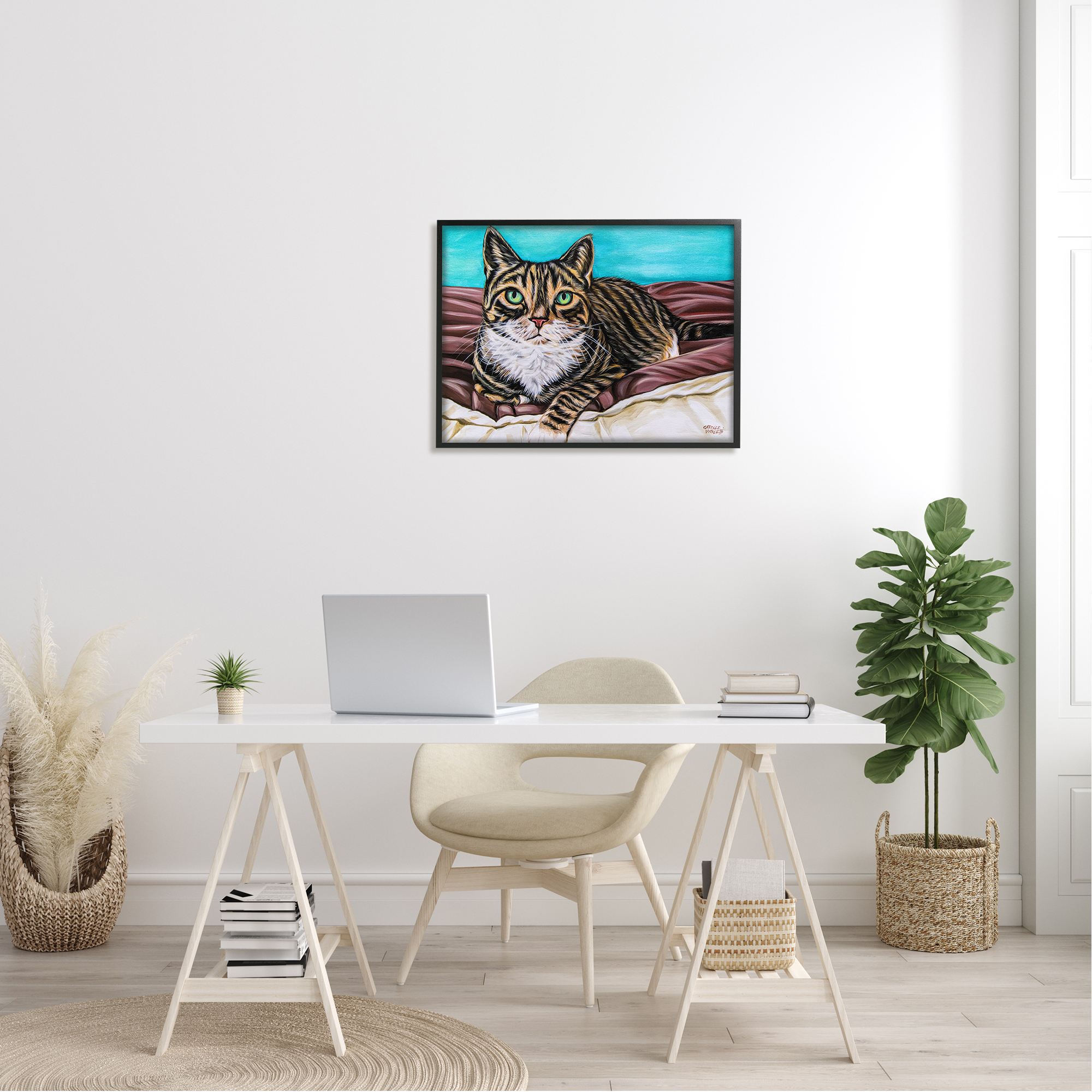Stupell Industries Adorable Tabby Cat Green Eyes Cuddling Blanket Painting , 30 x 24, Design by Carolee Vitaletti