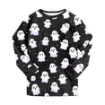 thumbnail image 6 of UAYOTSE Little Girls Halloween 2‑Piece Pajama Set Long‑Sleeve Crewneck Top Cuffed Jogger Pants Black Base All‑Over White Ghost Print Kids Sleep Pjs Loungewear Size 7-8 Years, 6 of 9