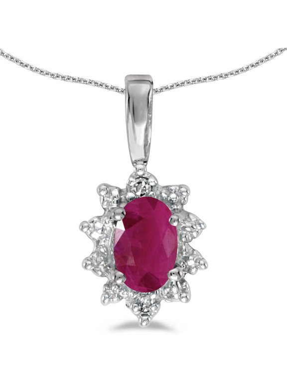 10k White Gold Oval Ruby And Diamond Pendant with 16" Chain