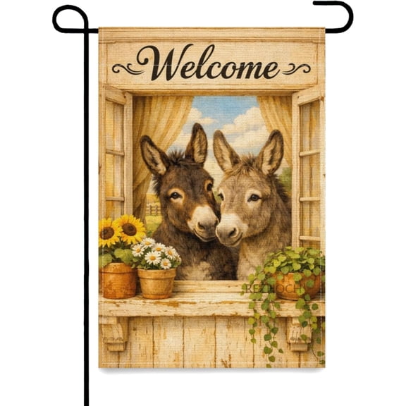 Funny Donkey Welcome Garden Flag, Cute Farmhouse Animals, Double Sided Outdoor Yard Porch Lawn Banner, 12 x 18 Inch, Sunflower and Daisy Design