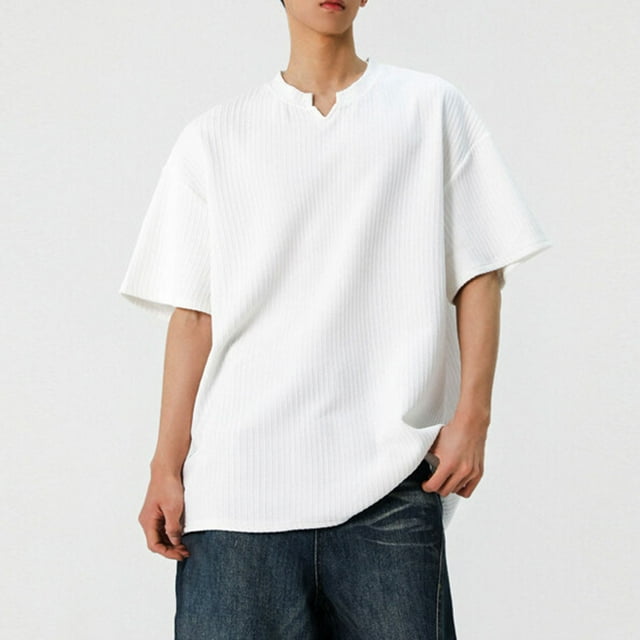 pstuiky Camisa de manga corta para hombre, Camisa informal de manga corta con cuello en V y textura vertical de color liso para hombre camisetas de hombre l
