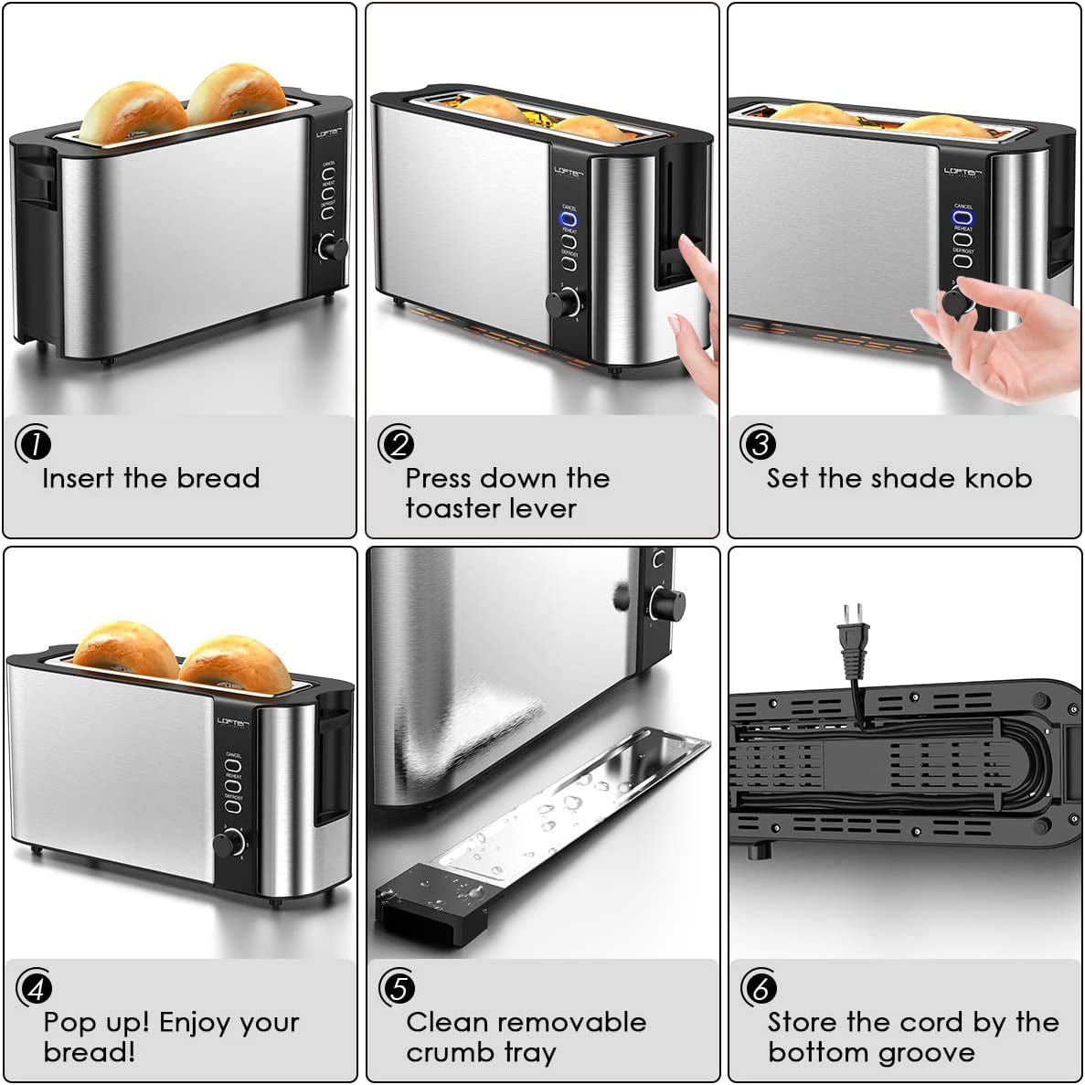Ultrean Toaster 2 Slice with Extra-Wide Slot, Stainless Steel Toaster with  Removable Crumb Tray, Small Toaster with 6 Browning Settings, Cancel