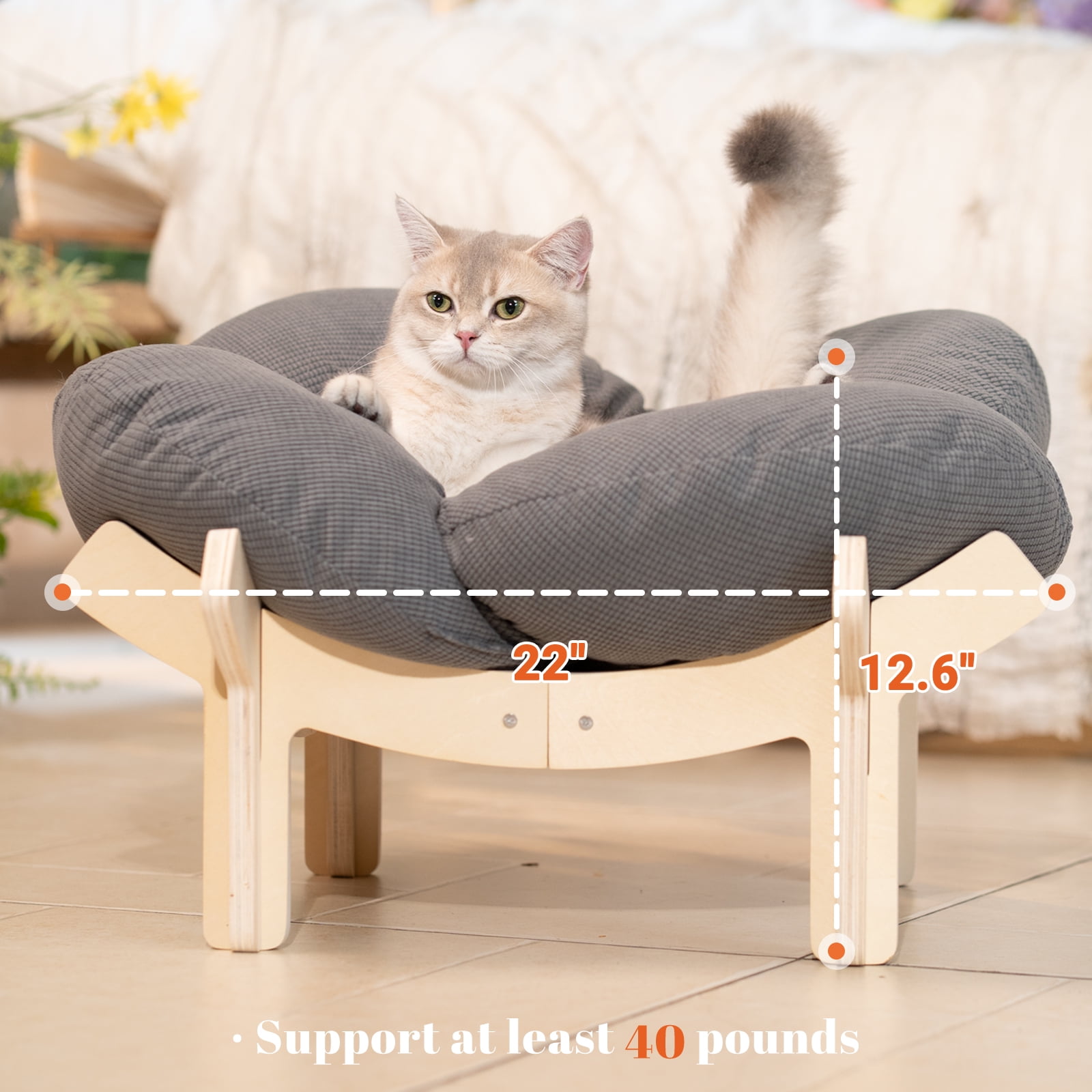 CheerPals Elevated Cat Bed, Washable Flower Pet Cushion with Sturdy Wooden Frame, Heavy-Duty Lounge Chair for Indoor Cats & Small Dogs, Gray