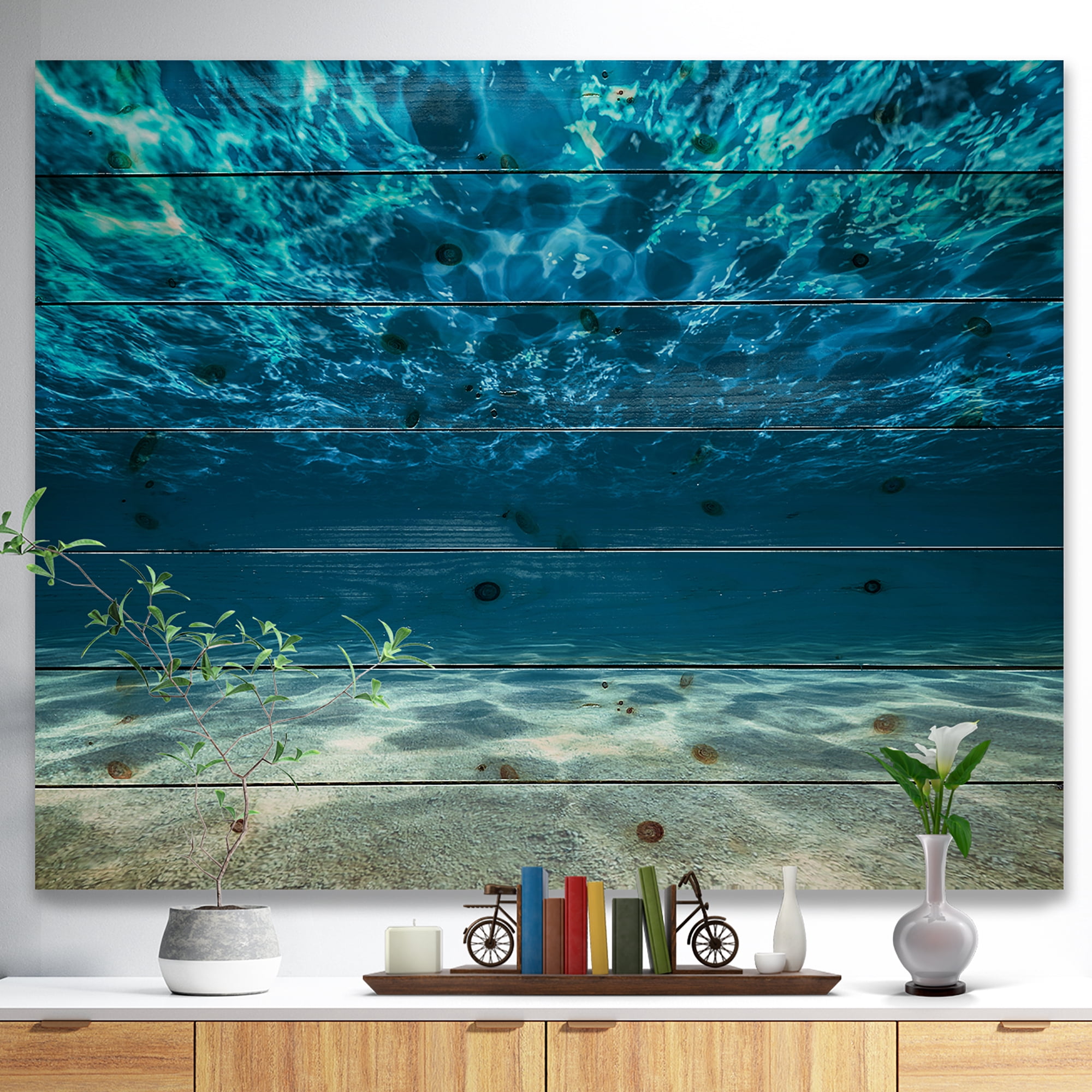 Designart 'Ocean Bottom Beneath the Surface' Sea & Shore Print on Natural Pine Wood