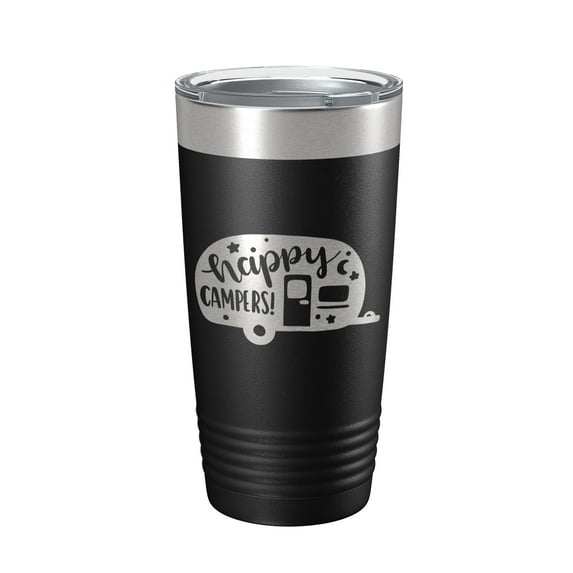 Happy Campers Tumbler RV Camping Travel Mug Gift Insulated Laser Engraved Coffee Cup Tent Outdoors 20 oz Black