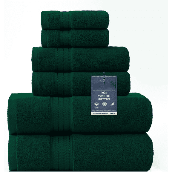 Dark Green Bath Towel Set 6Pcs, Turkish Cotton Hotel Soft Absorbent Thick Bathroom Towel Sets of 6 with 2 Large Bath Towels, 2 Hand Towels, 2 Washclothes, 650 GSM