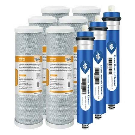 

Membrane Solutions Combo Pack Water Filter Replacement Cartridge Compatible GE RO Set GXRM10RBL GXRM10G Reverse Osmosis Systems 6x Carbon Filters 3x 75GPD RO Membrane Filter