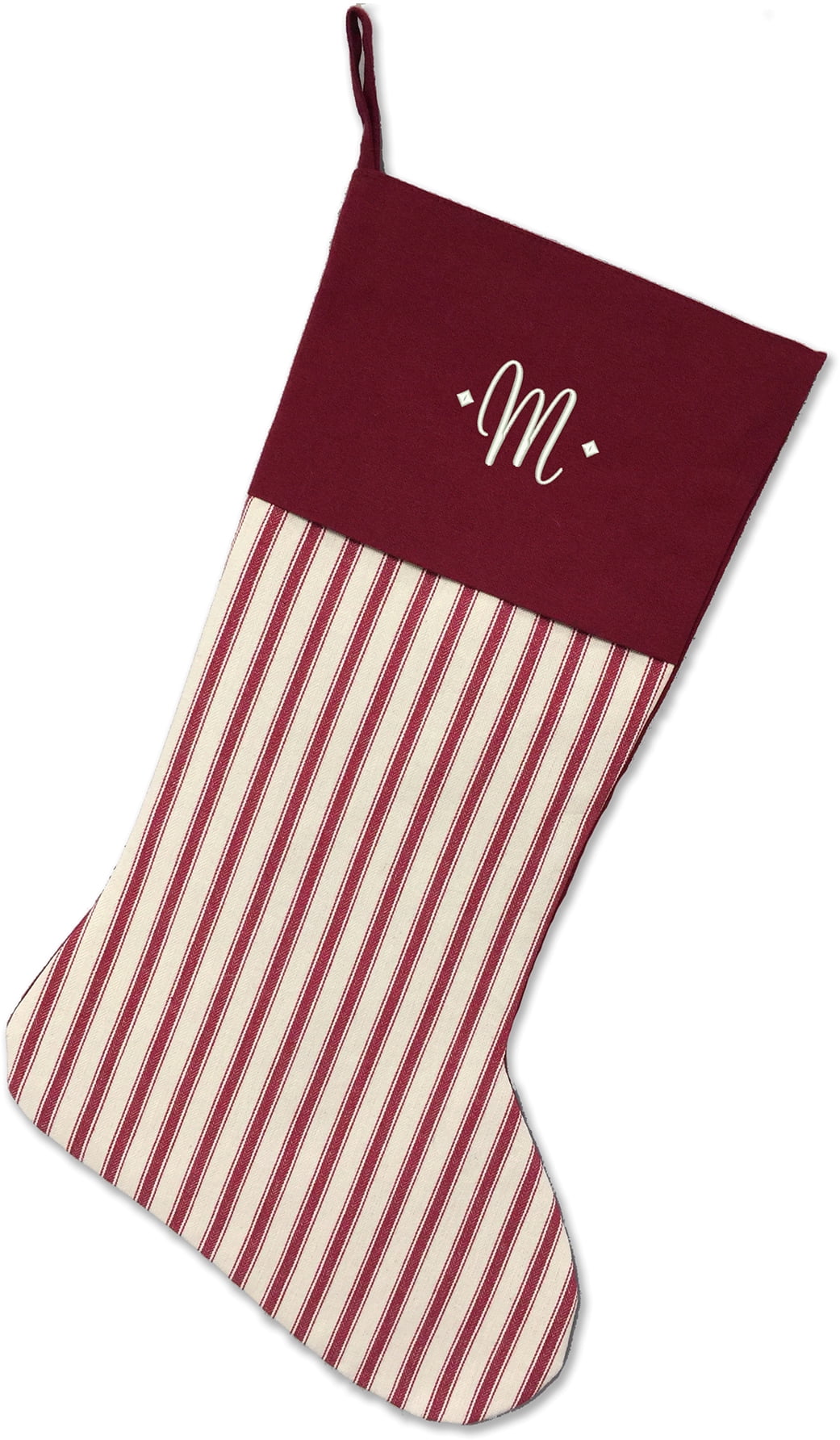 Monogrammed Christmas Stocking, Striped Burgundy with White Script Christmas Stocking Initial