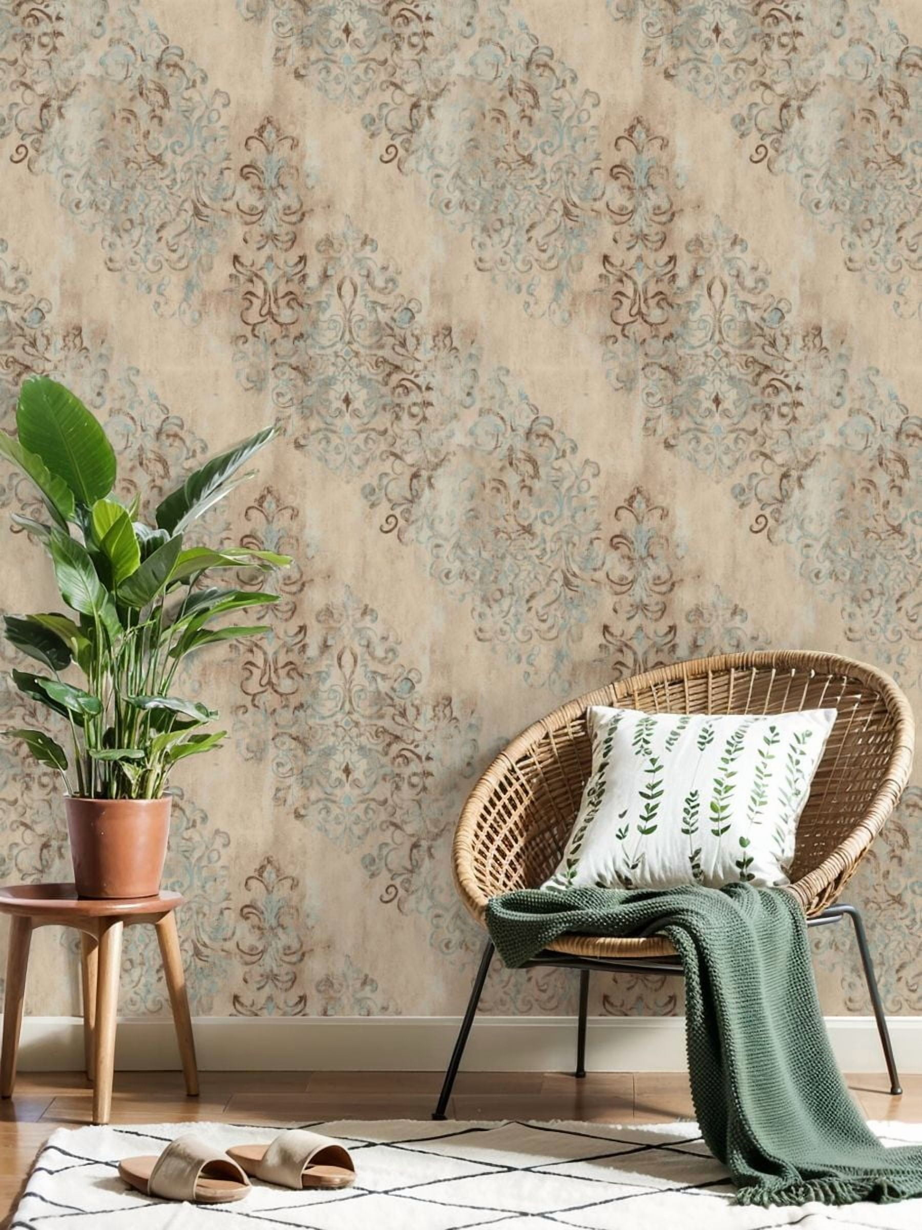 Boho Peel and Stick Wallpaper Vintage Damask Distressed Beige Blue Ornamental Design Contact Paper 17.7in x 9.8ft Wallpaper Removable Self Adhesive Wall Paper for Bedroom