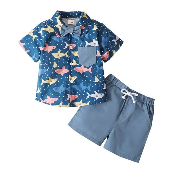 Xudanell Baby Boy Outfits Summer New Sets Cartoon Fish Print Short Sleeved Button Up Shirt Solid Color Shorts 2-6 Years Kids Clothes Boys