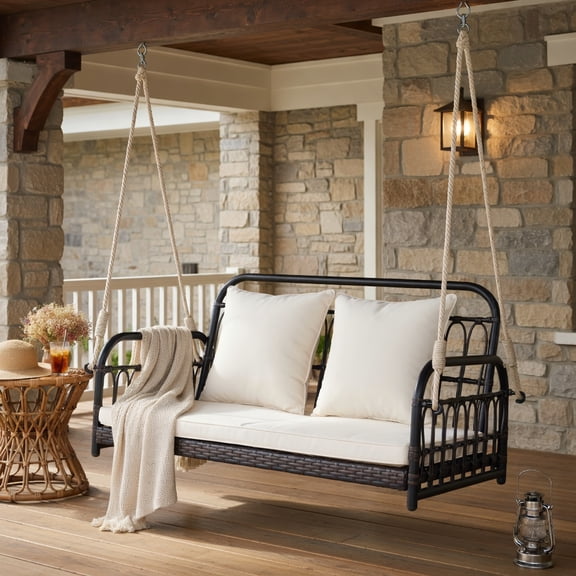 Resenkos Porch Swing, 880LBS Wicker Hanging Porch Swing with Cushions-White, Hanging Outdoor Porch Swings for Garden, Backyard