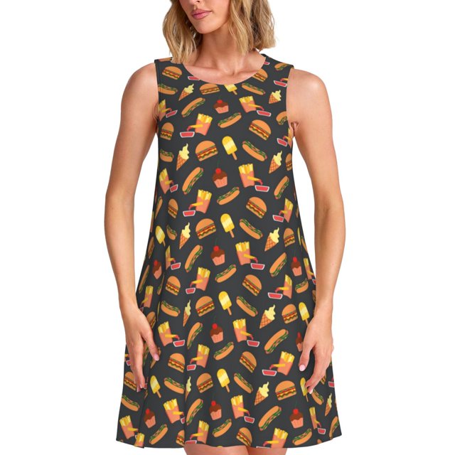 Fotbe Fast Food Vestido de Verano sin Mangas para Mujer – Vestido Midi Línea A, Estilo Camiseta Floral, Vestido Playero Casual y Fluido