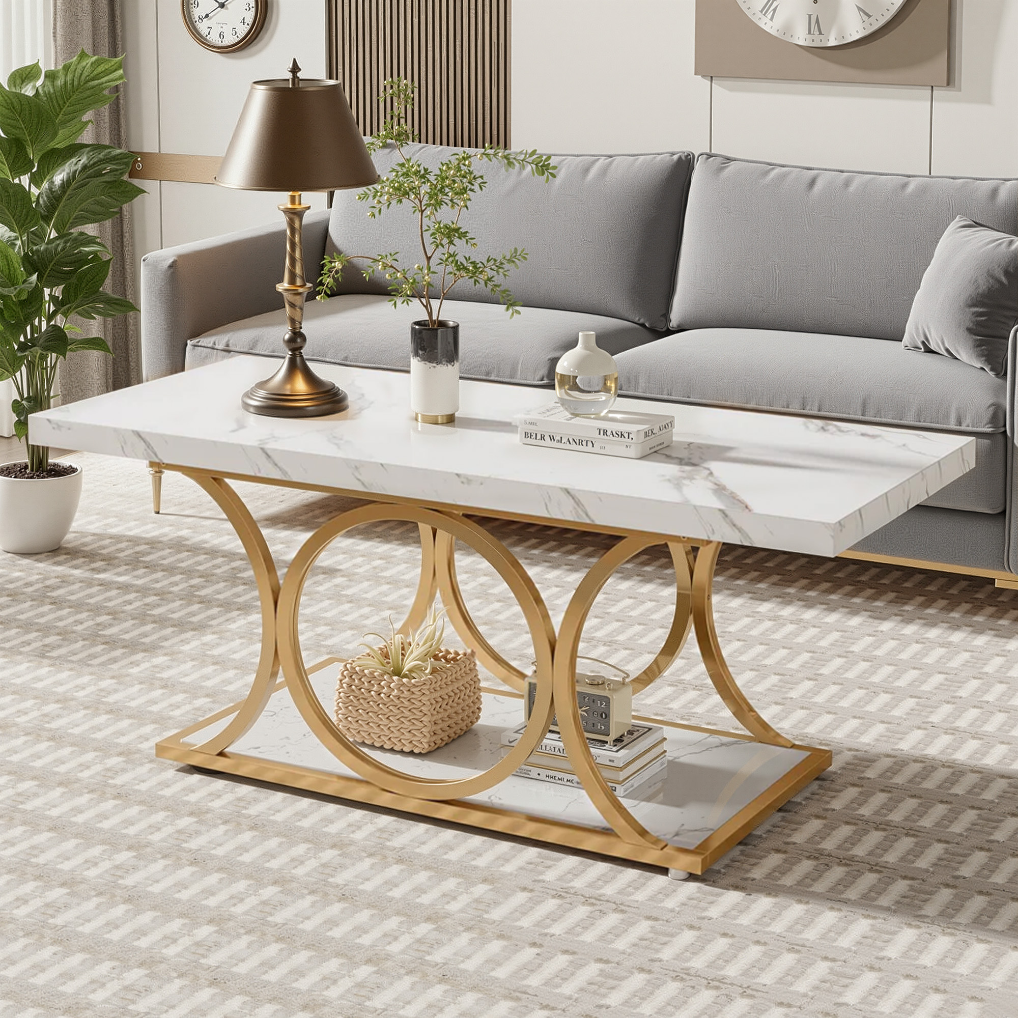 MAYEERTY Rectangle Coffee Table, 47.24" Center Table with Faux Marble Top