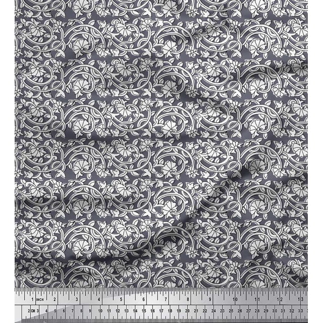 Soimoi Polyester Crepe Fabric Leaves & Floral Block Printed Fabric 1 Yard 52 Inch Wide