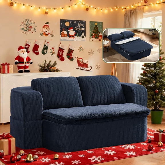 74.8" Convertible Sofa Bed, Compression Loveseat Sleeper, Foldable Sleeper Sofa with Armrest and Pillows for Living Room and Apartment, Dark Blue