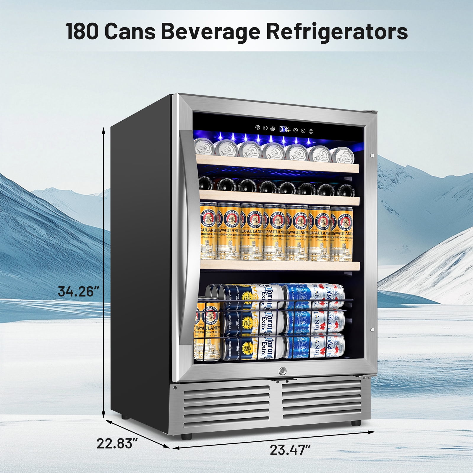 24" Beverage Refrigerator - 180 Can Capacity, Reversible Door, Built-In or Freestanding Beer Fridge, Soda & Drink Cooler