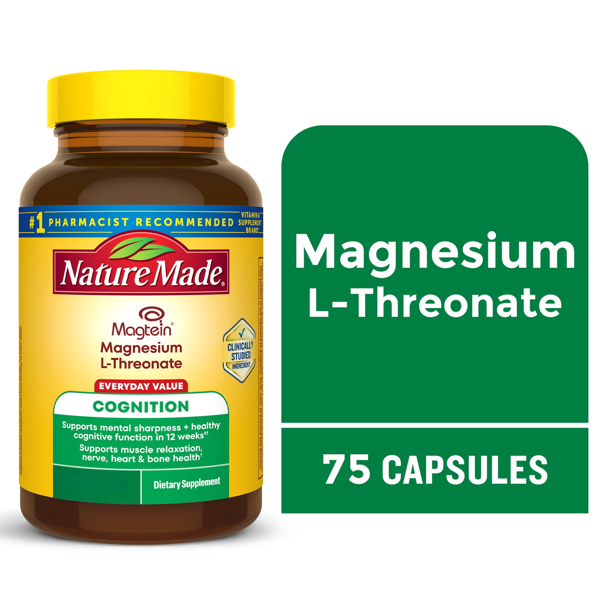 Nature Made Magtein Magnesium L-Threonate, Cognitive Support Supplement, 75 Capsules