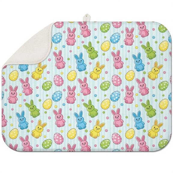 Easter and Bunnies Light Blue Stripe Pattern Dish Drying Mat 1 Pack, Ultra Absorbent Microfiber 18"x24", Anti-Slip Drain Mat for Kitchen