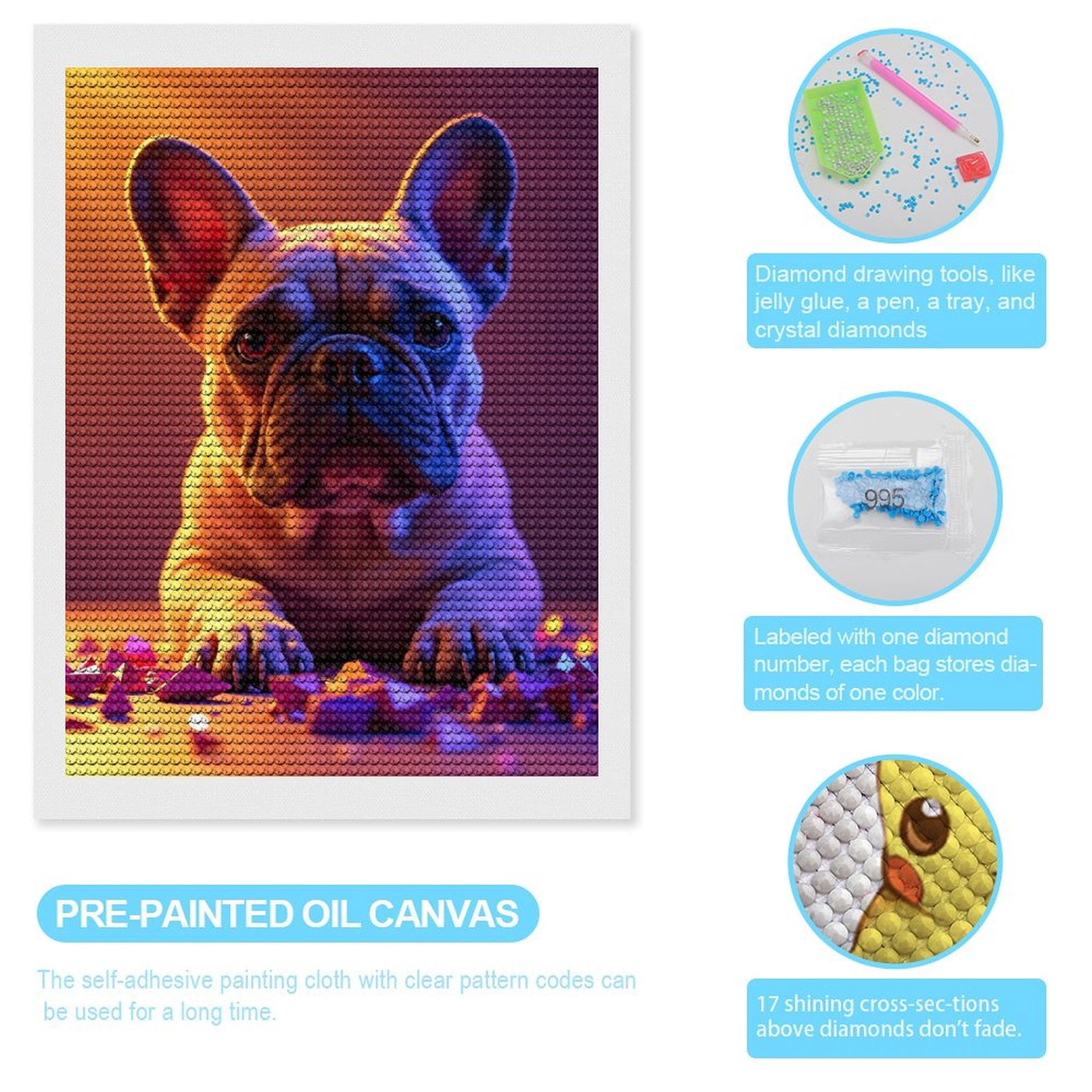 Diamond Art Kits for Adults, Calm Bulldog Under Colorful Light 5D Diamond Painting Kits for Adults Beginners, DIY Full Drill Diamond Painting, Gem Art and Crafts 12x16