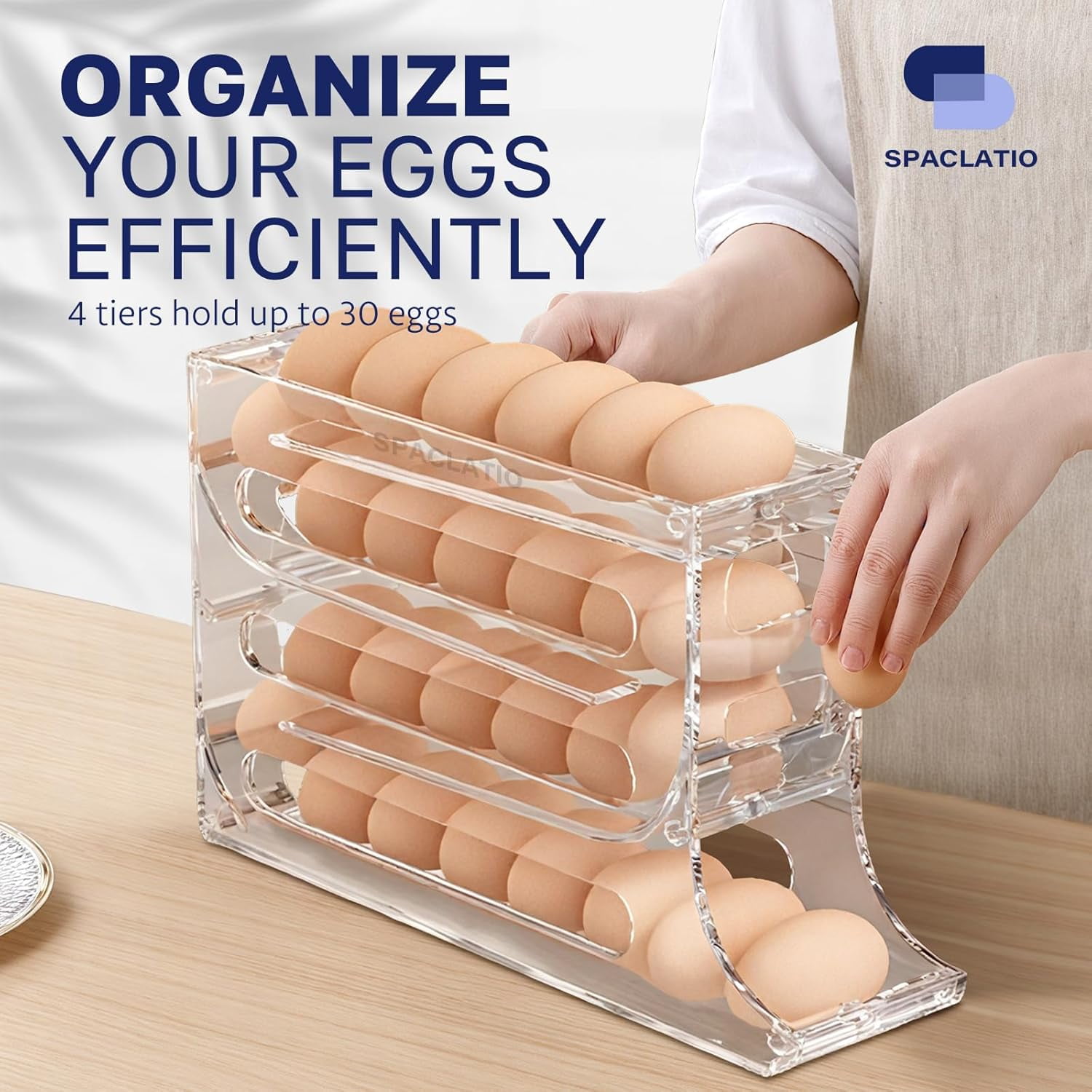 CAILDANL 4 Tiers Egg Holder for Fridge with 30 Egg Capacity - 2 Pack Auto Rolling Egg Storage Organizer for Refrigerator, Space Saving Egg Tray in Kitchen (Clear)