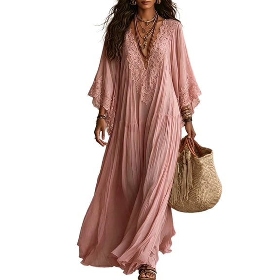 Yfalhf Women Boho Lace V‑Neck Batwing Sleeve Maxi Dress, Flow‑y Oversized Beach Vacation Dress, Photo‑Ready Long Dress for Summer Holiday Getaways,Pink,S