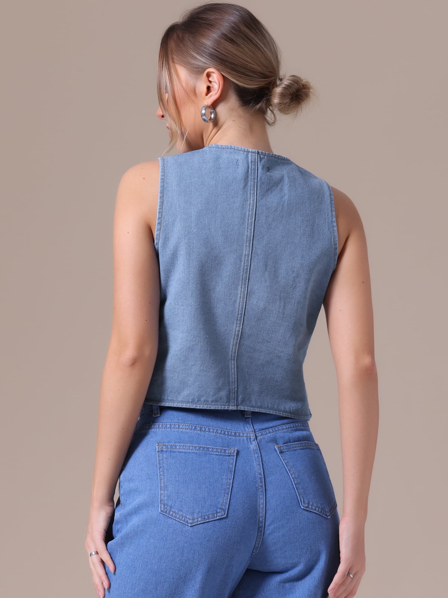 DARING DIVA Women's V Neck Waistcoat Top Casual Jean Vests L Light Blue