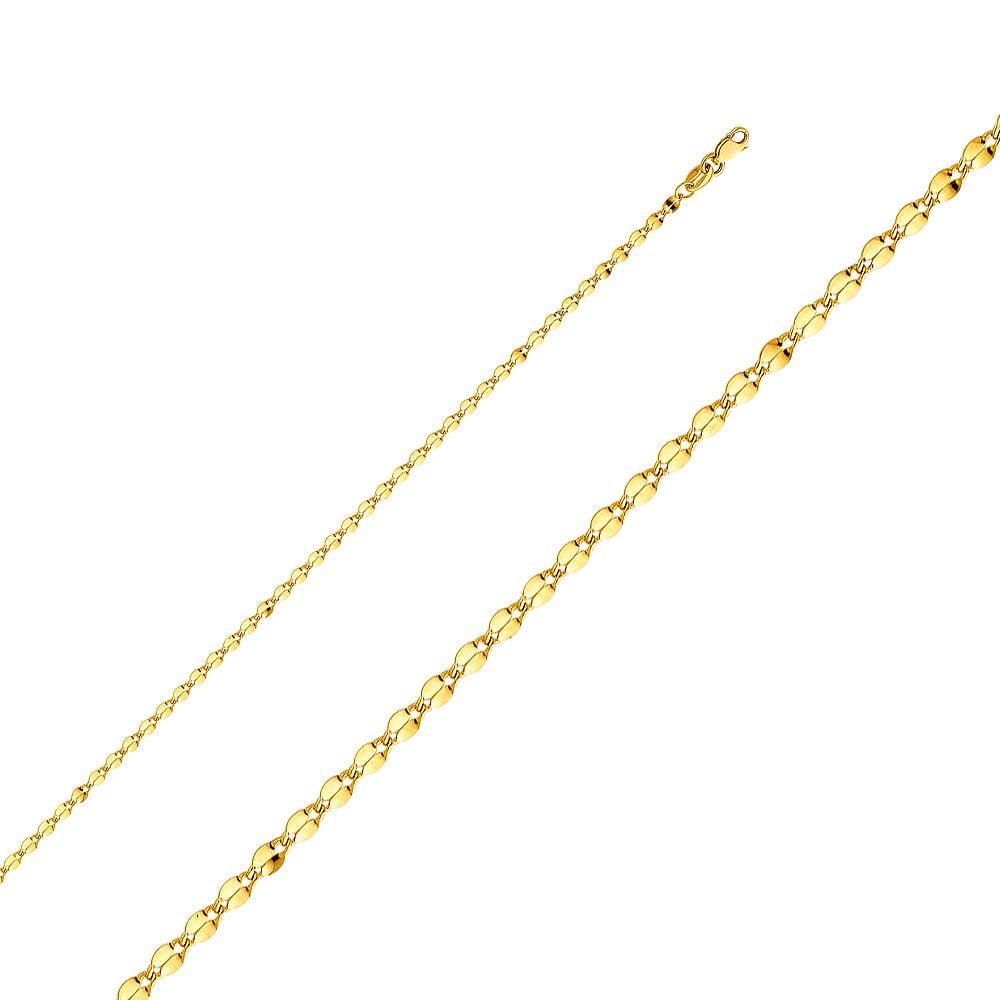 14K Solid Gold 2.2mm Hollow Curved Mirror Chain, Lobster Clasp (20