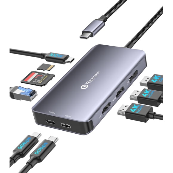 Adaptador de doble monitor Reborn para estación de acoplamiento, hub USB-C 9 en 1
